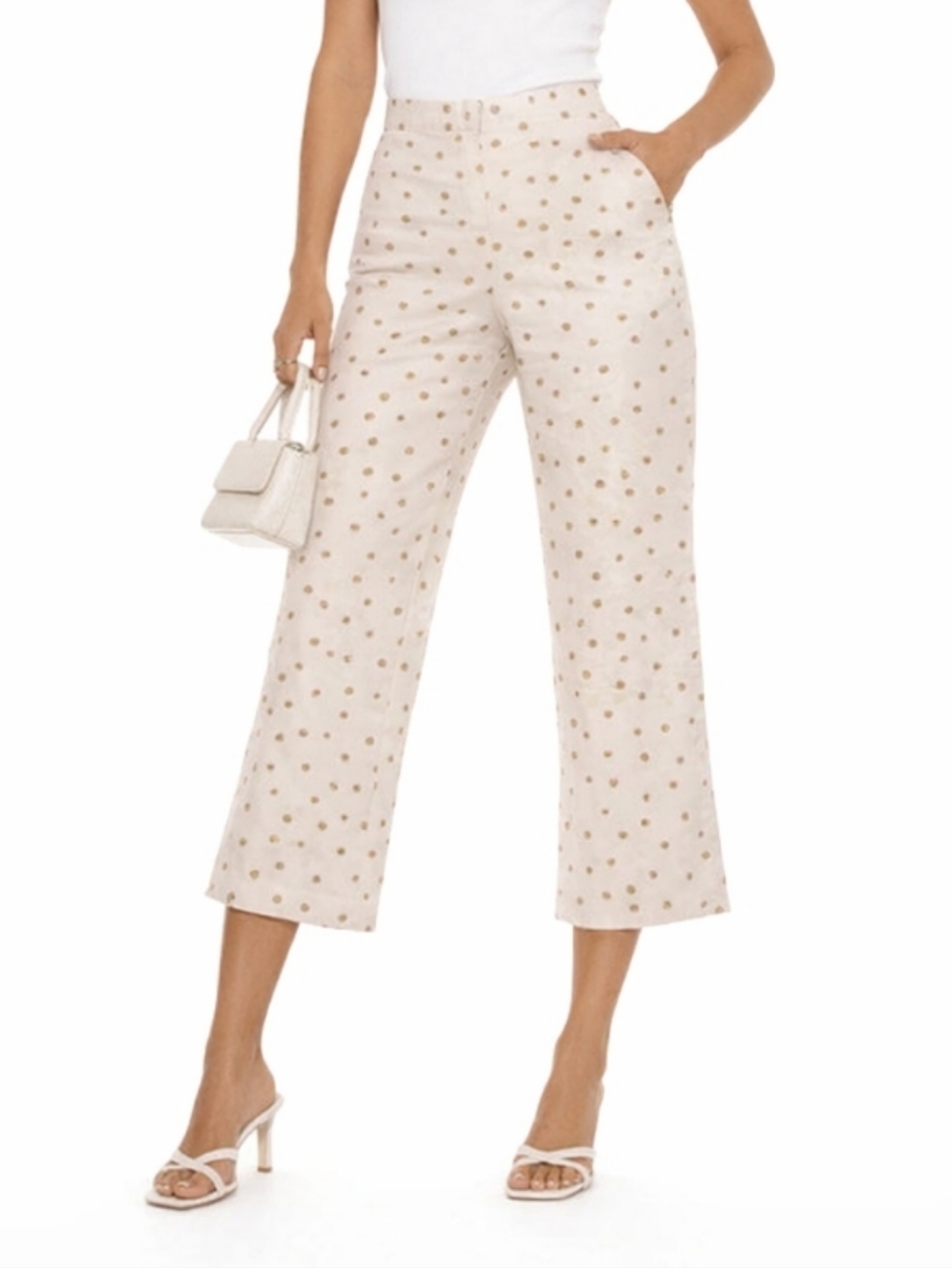 LPA Polka Dot Cropped Pull Up Pants Linen White Tan Medium